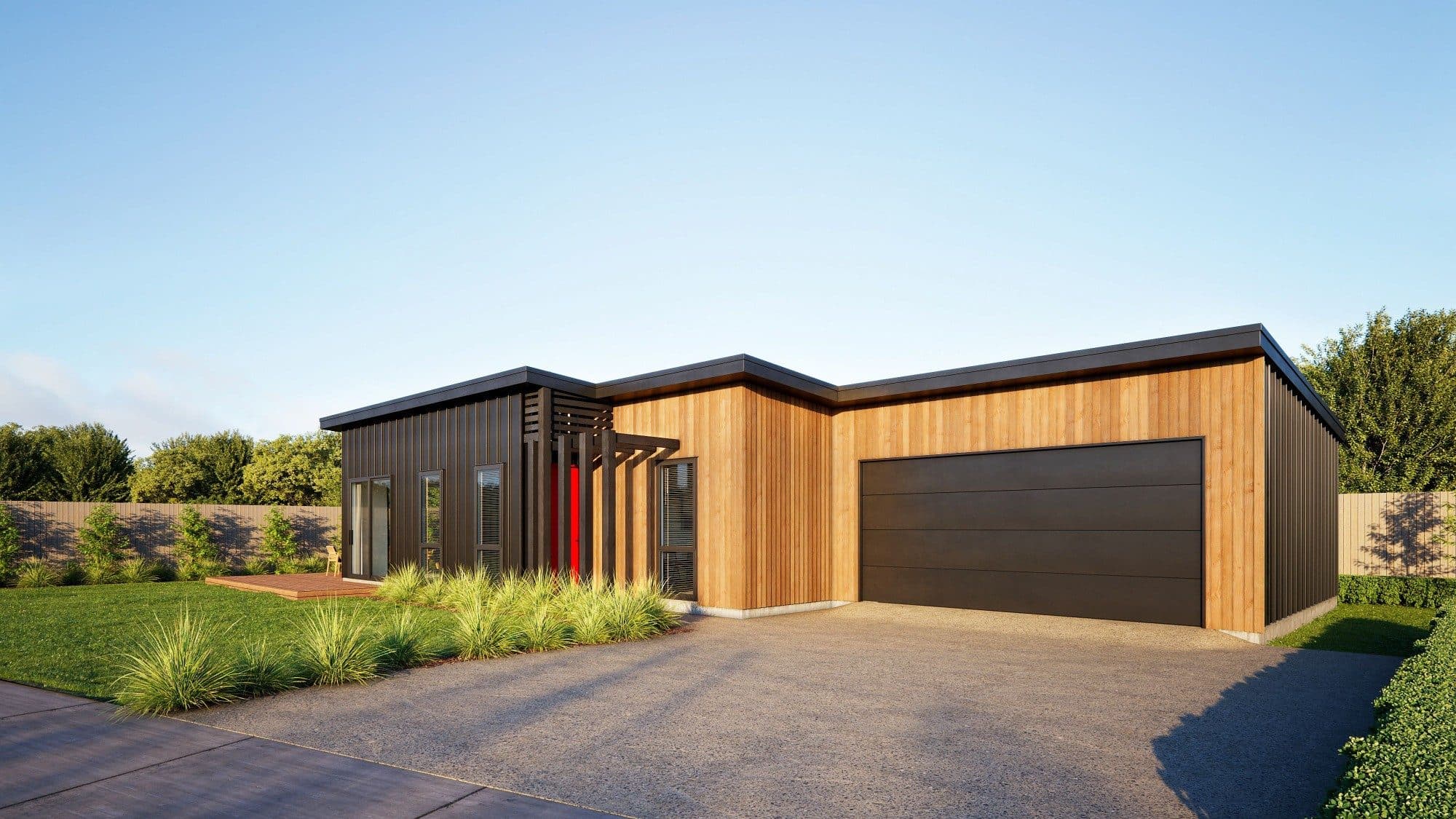 A dark aluminium garage door on a modern cedar-clad North Auckland home
