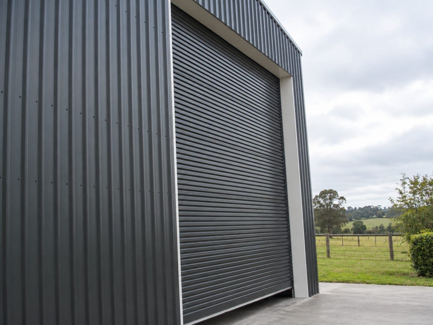 A close-up of a COLORSTEEL light commercial roller door curtain