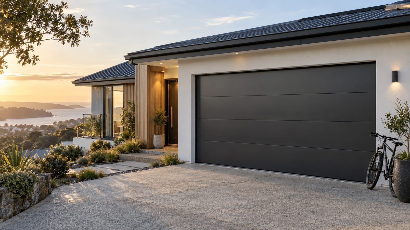 A new dark sectional garage door on a North Auckland home at dusk
