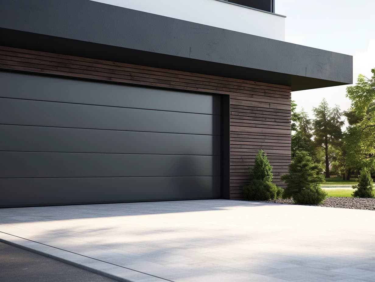 An aluminium garage door on a modern coastal home