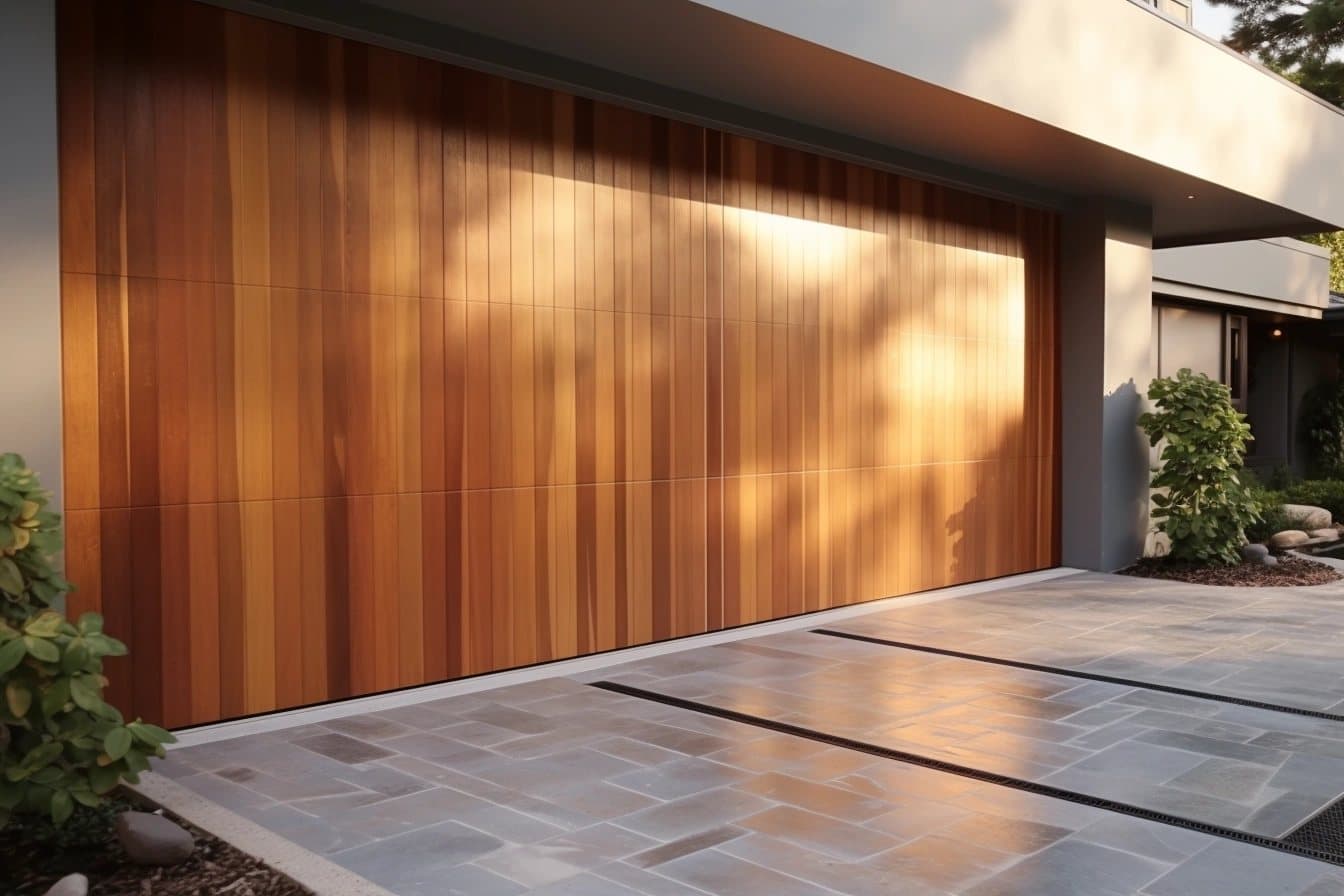 A cedar garage door with vertical panels on a North Auckland home