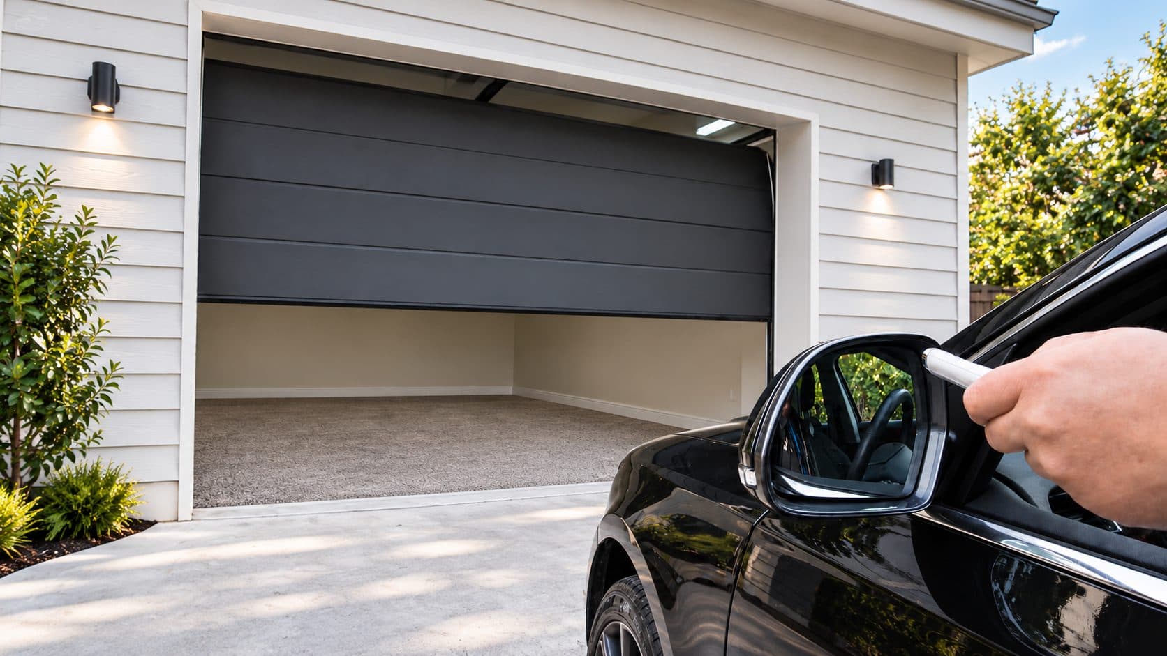 A driver opening an automatic garage door with a remote from the car