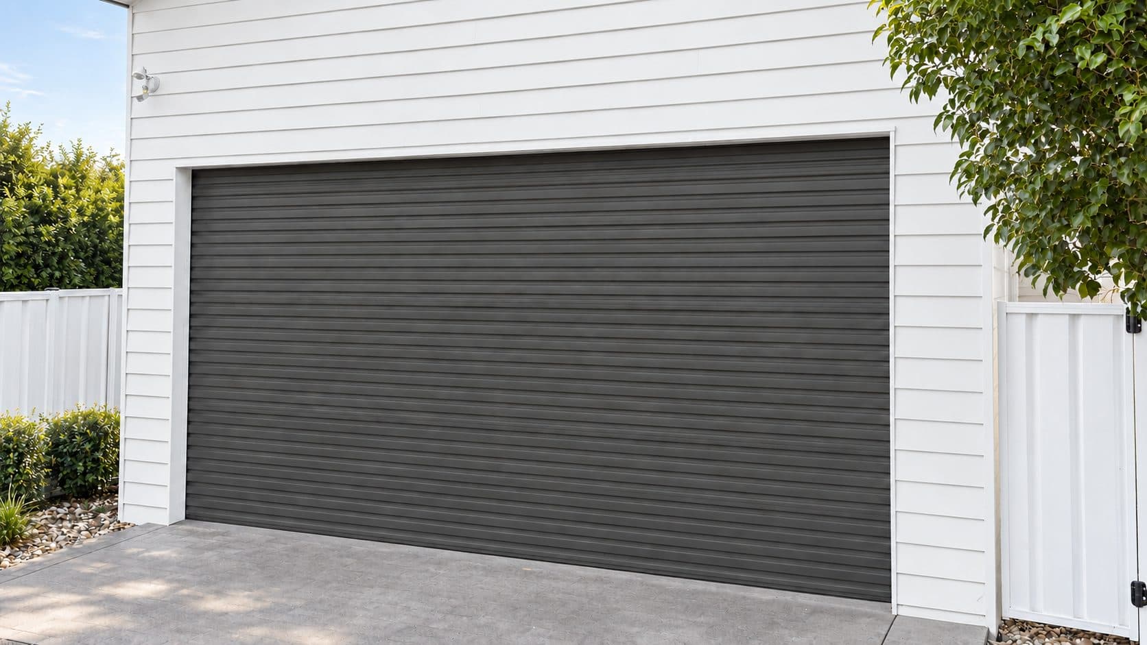 A dark COLORSTEEL® roller door matched to the joinery on a white weatherboard home