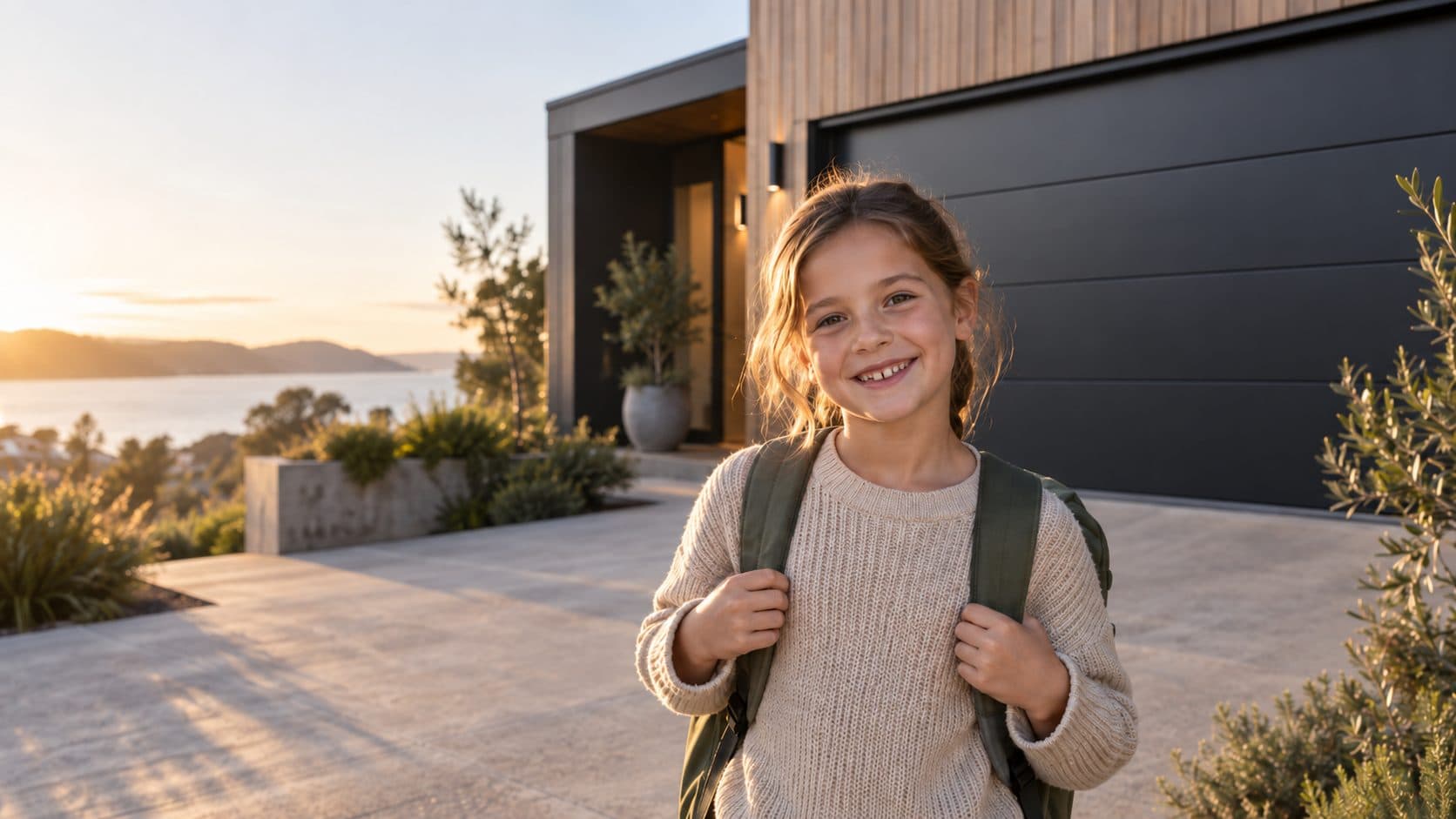A girl on a driveway in front of a home with a dark sectional COLORSTEEL garage door, the sea behind