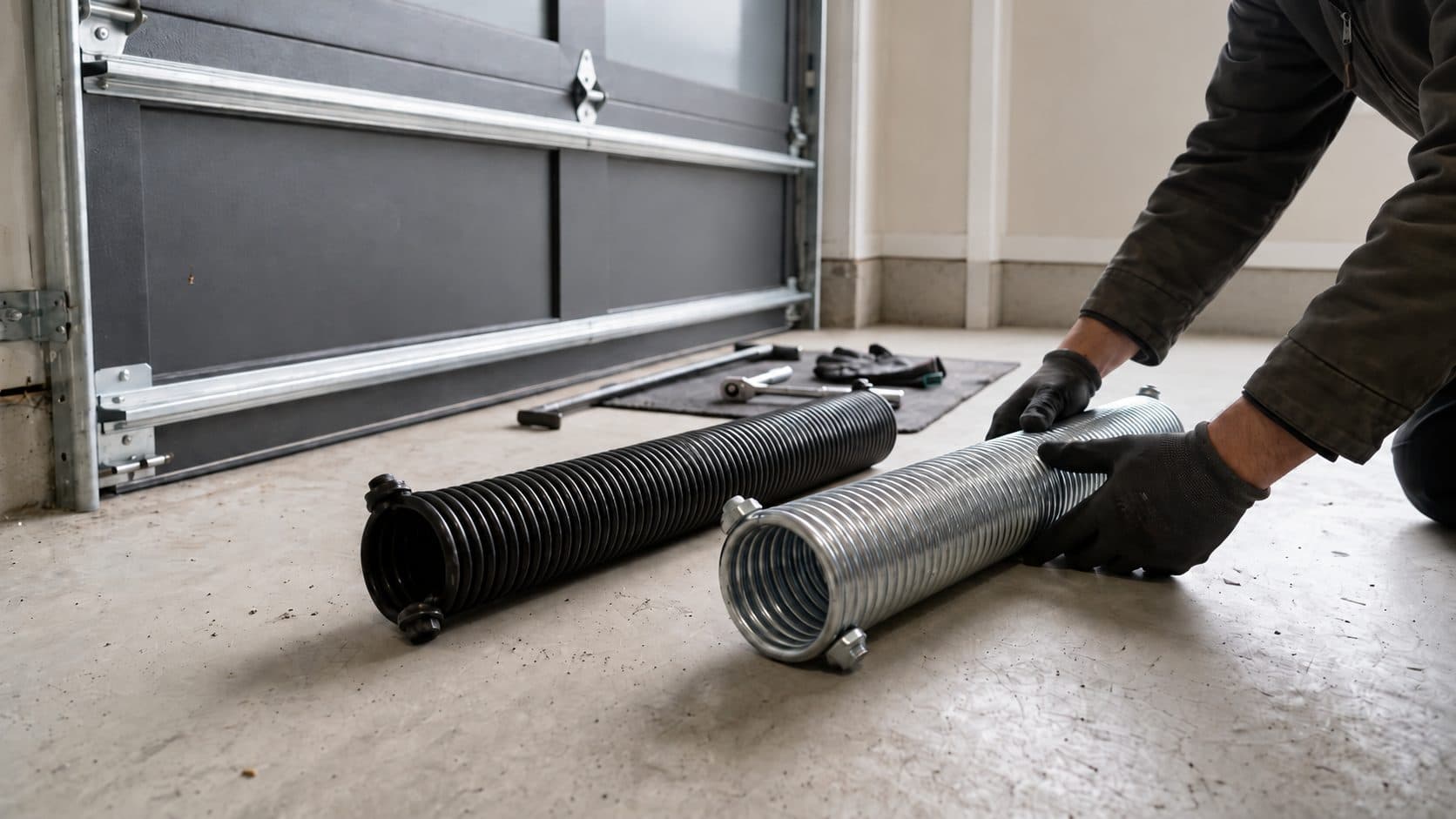 A pair of replacement torsion springs on the floor beside a garage door