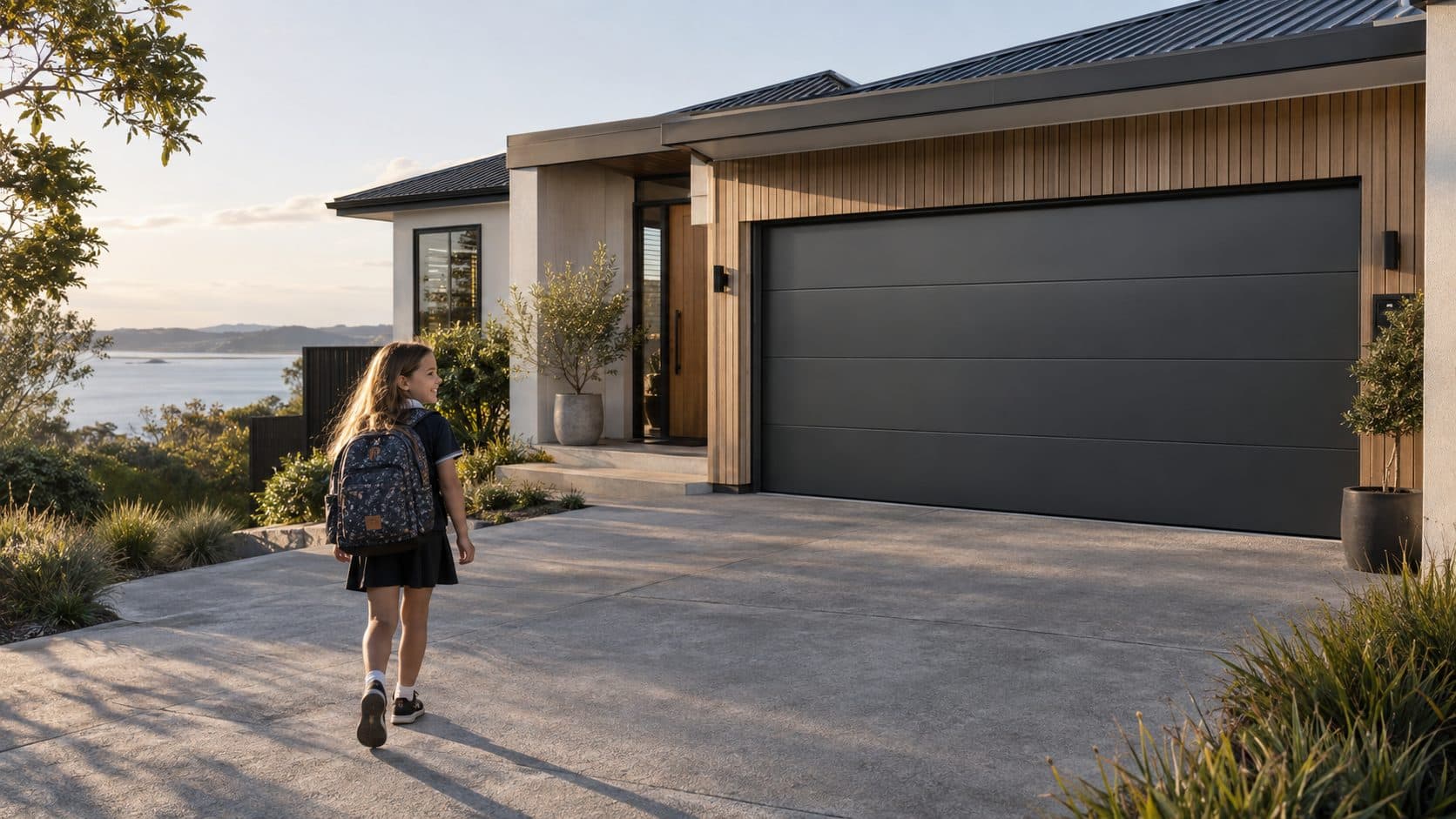 A girl walking up a coastal driveway towards a cedar-clad home with a dark sectional garage door, the sea behind