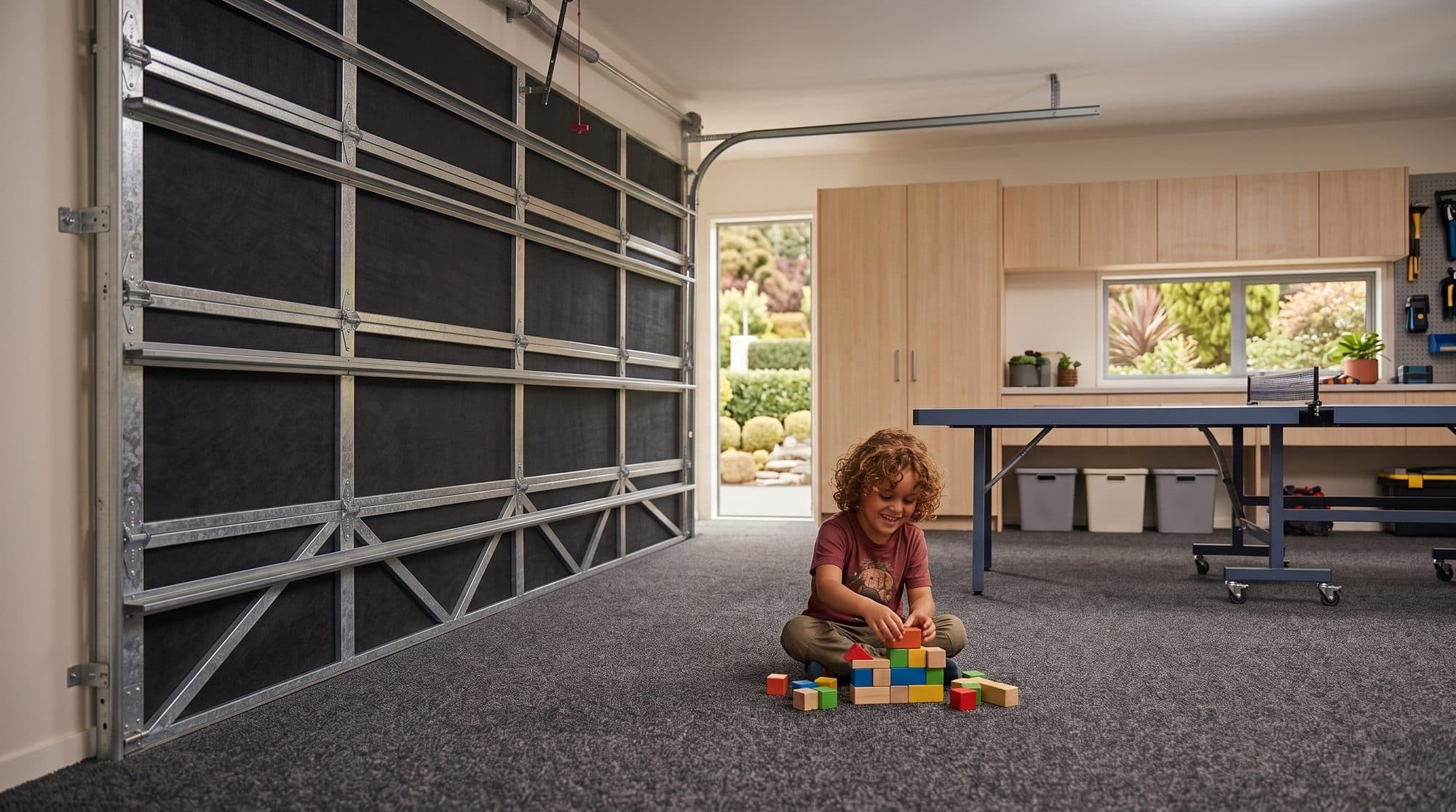 A child playing with blocks on the carpet of an insulated garage, the insulated sectional door open above