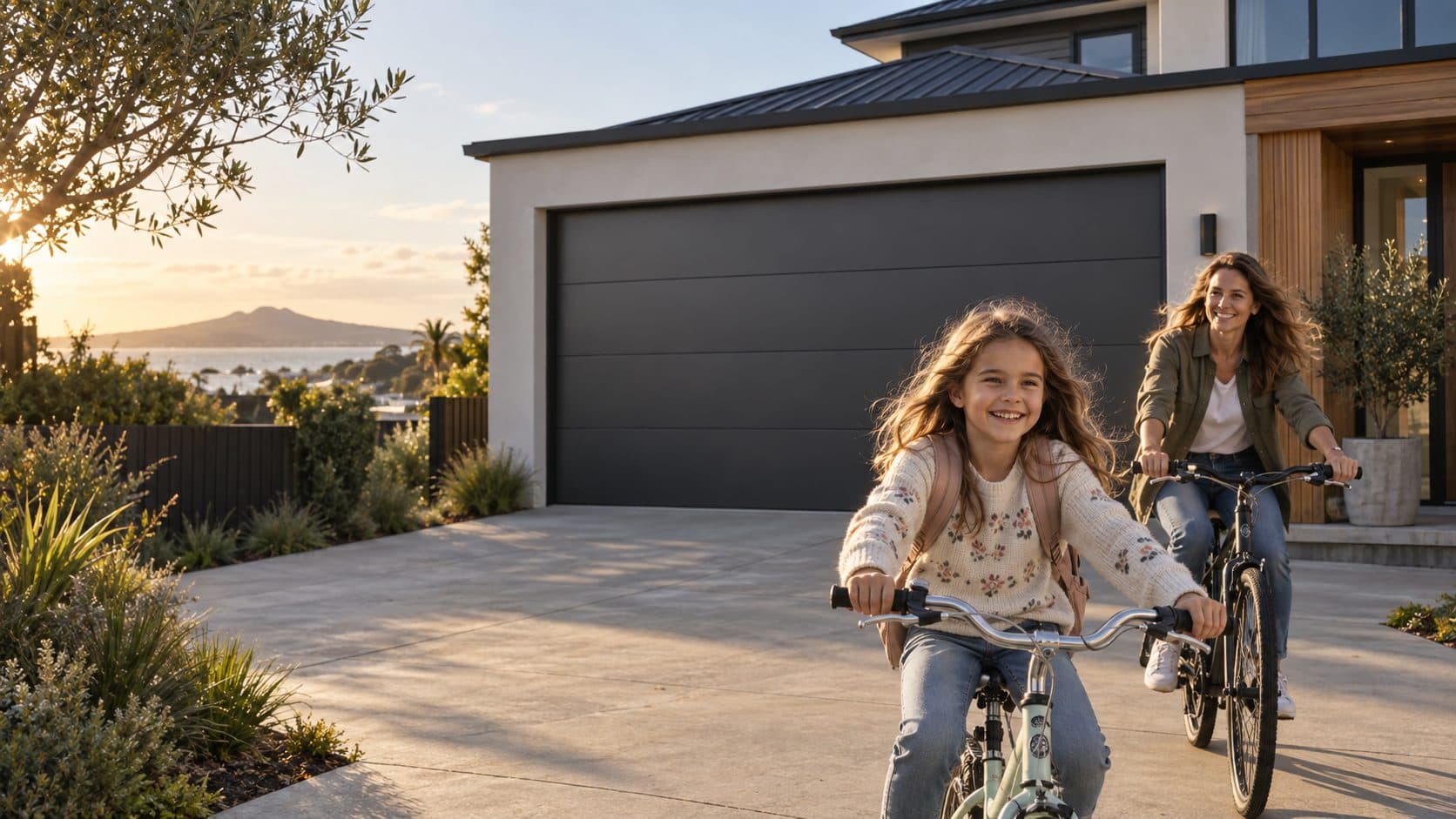 A family cycling up a North Shore driveway, Rangitoto on the horizon