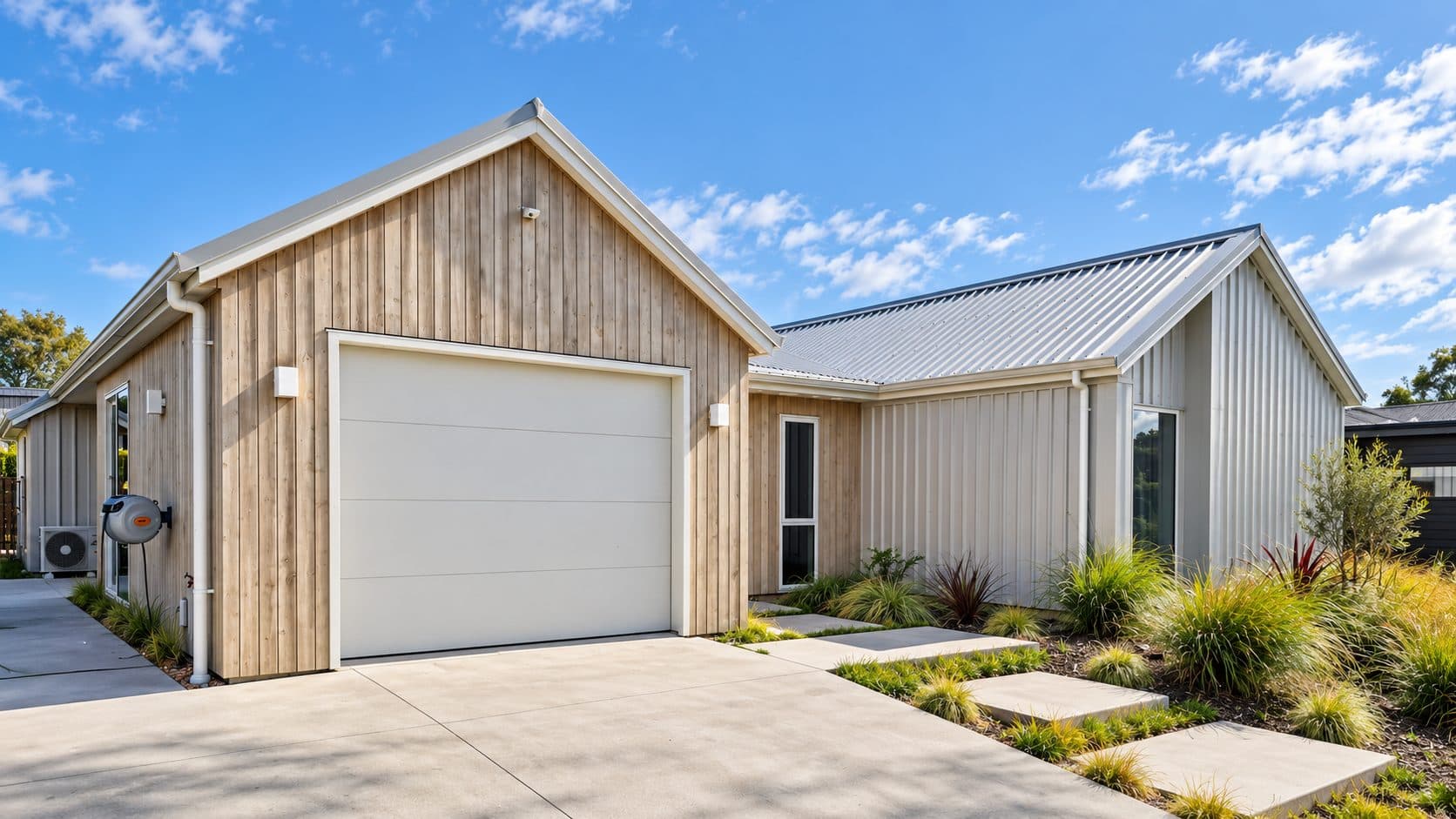 A garage door on a timber-clad home in Warkworth