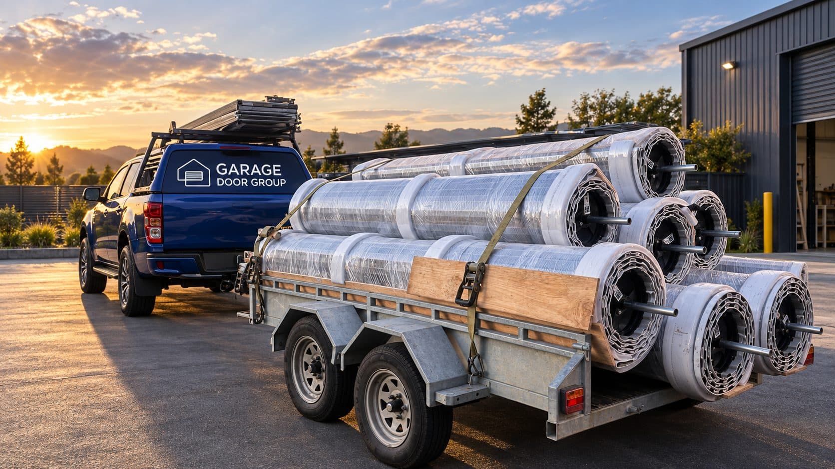 Roller door coils strapped to the Garage Door Group trailer at dawn