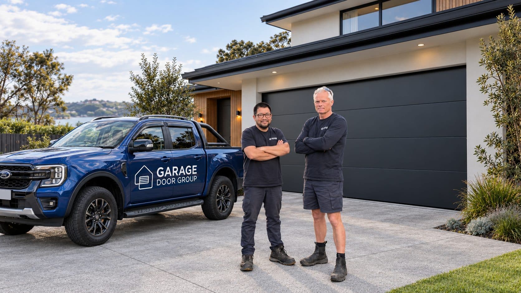 Two Garage Door Group installers beside the company ute at a coastal home