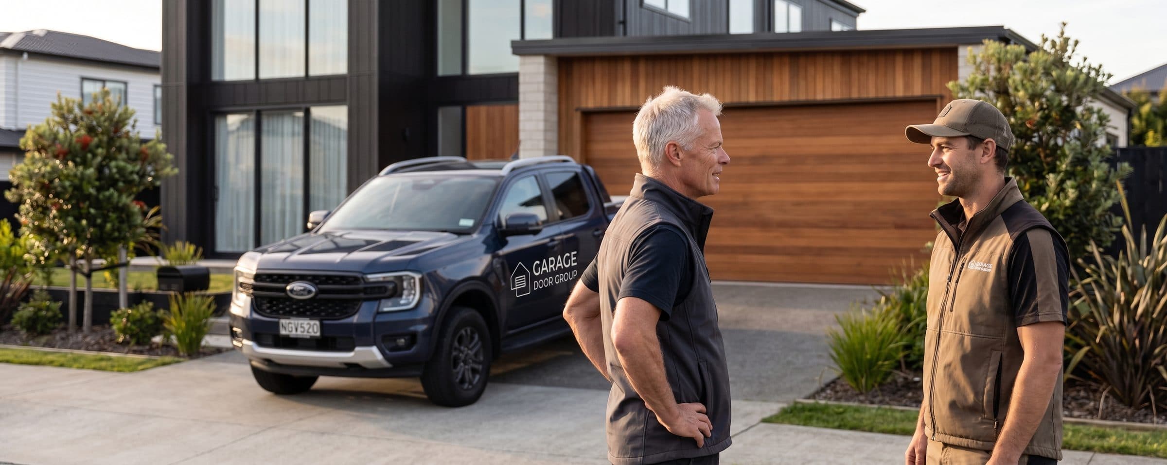 A Garage Door Group technician talking with a homeowner on their driveway beside the company ute